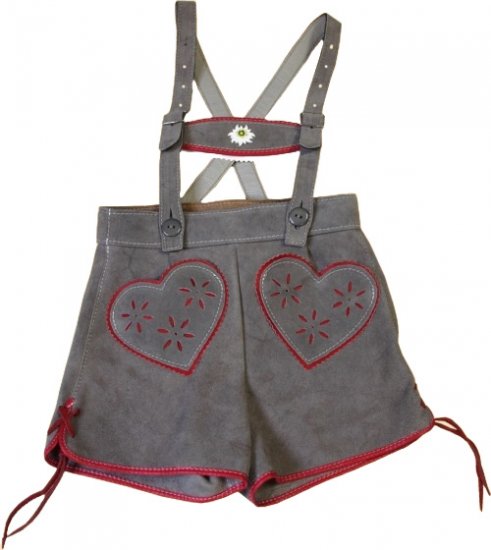 ww110-Kurze Mädchenlederhose mit Herztaschen aus bestem Samtspalt-Leder